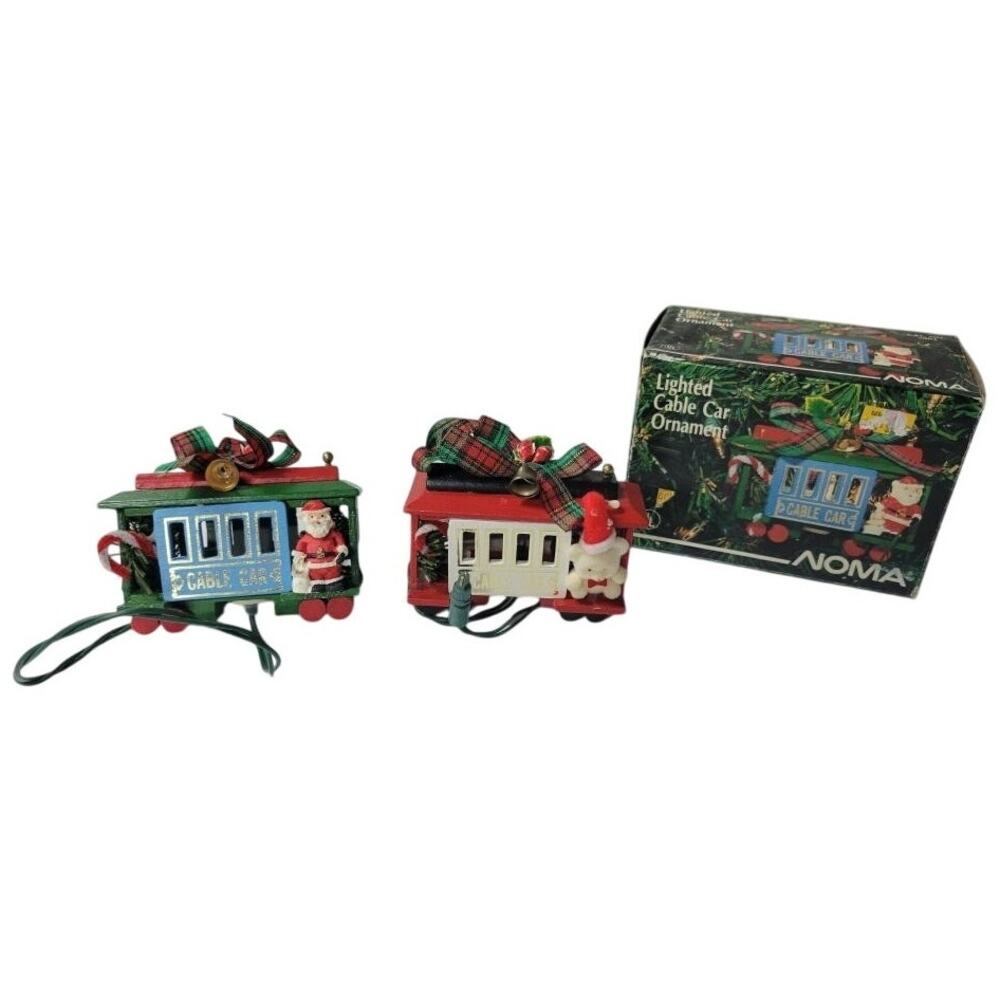 🚋 Noma Lighted Cable Car Christmas Ornaments Set of 2 Vintage Holiday Decor - Picture 1 of 6